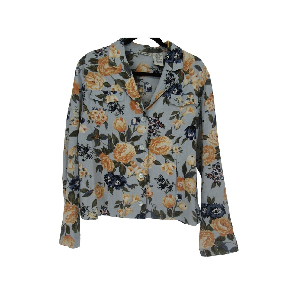 White Stag Floral Jacket Womens Large Blue Linen Blend Cottagecore Layering Boho